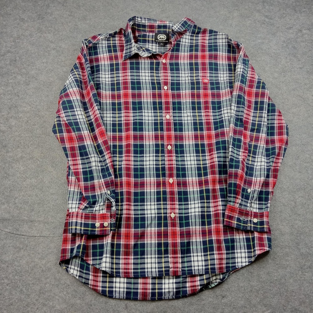 Ecko Unltd Shirt Mens XL Red Green Plaid Woven Button Front Long Sleeve Casual